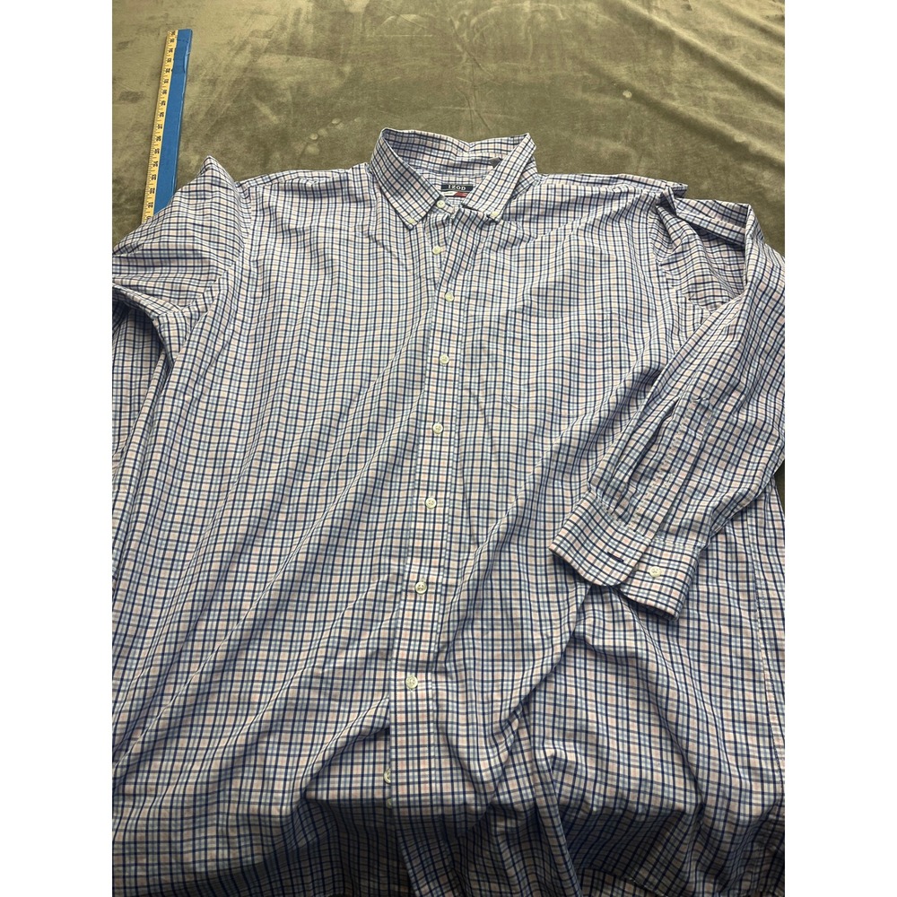 IZOD Mens Quick Dry Tall Fit Plaid Button Down Shirt Blue Pink Size 19 37/38